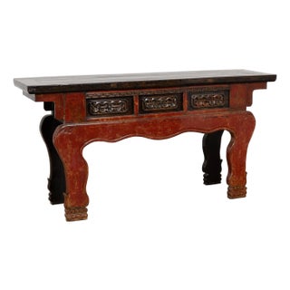 19th Century Chinese Red Altar Console Table With Carved Drawers For Sale