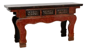 19th Century Chinese Red Altar Console Table With Carved Drawers