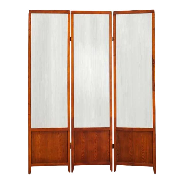 Three Panel Wood and Corregated Glass Room Divider Dressing Screen
