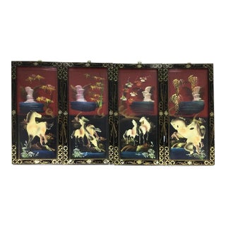 Asian Style Laquer Mother of Pearl Wall Panels Horses Motif - Set of 4 For Sale