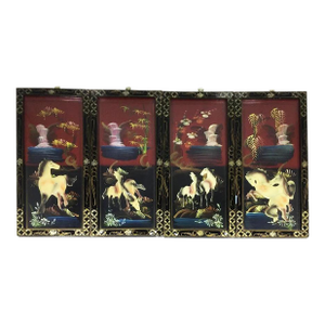 Asian Style Laquer Mother of Pearl Wall Panels Horses Motif - Set of 4