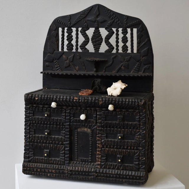 Antique Exceptional Botanical Tramp Art Chest With Hidden Compartments, Circa 1870s. A commanding example of folk art,...