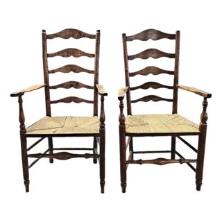 Matched Pair of Antique Eighteenth-Century English Ladderback Rush Seat Chairs For Sale