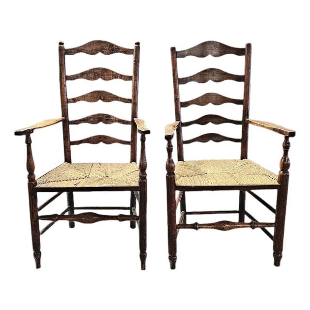 Matched Pair of Antique Eighteenth-Century English Ladderback Rush Seat Chairs For Sale