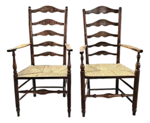 Matched Pair of Antique Eighteenth-Century English Ladderback Rush Seat Chairs