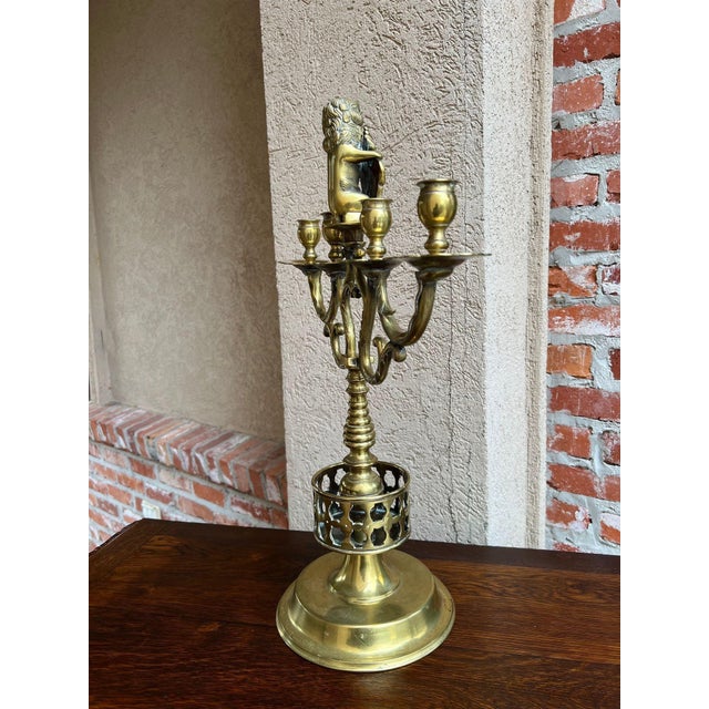 Metal Antique French Brass Candelabra Baroque Revival Lion Sculptural Large C1890 For Sale - Image 7 of 18