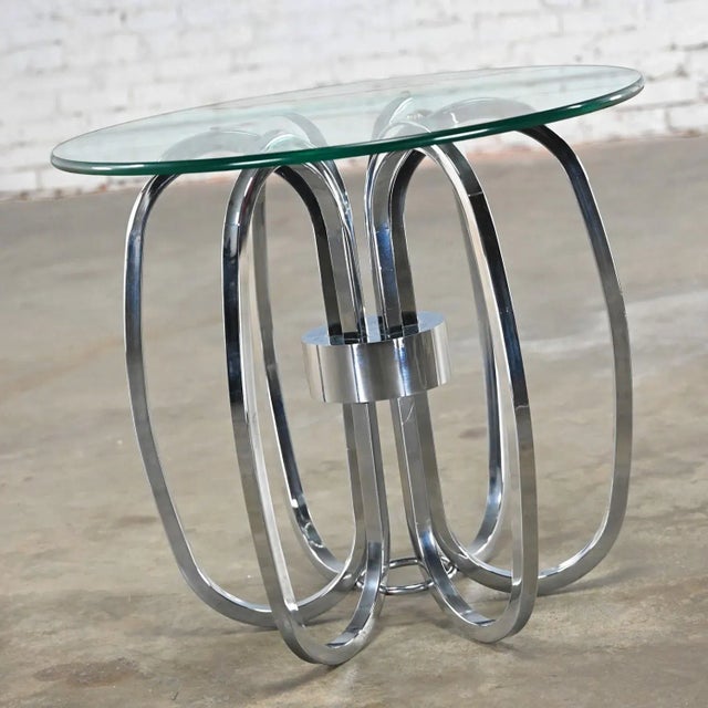 Marvelous vintage Mid-Century Modern to Modern end or side table with barrel shaped square chrome tube base & round glass...