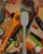 This oil painting presents a vibrant composition of kitchen utensils, arranged in a dynamic, overlapping manner. The bold...