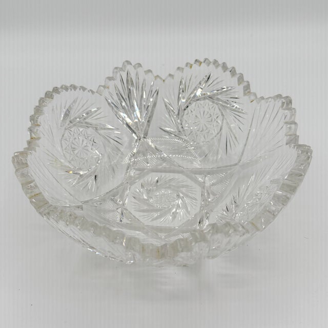 Vintage Cut Glass Starburst Serving Bowl With Scalloped Rim For Sale - Image 4 of 4