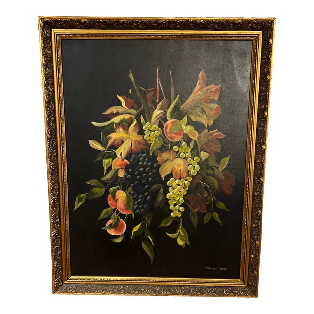 1960s Oil on Canvas Floral Still Life Fruits and Flowers Framed Signed by American Artist Katherin West For Sale