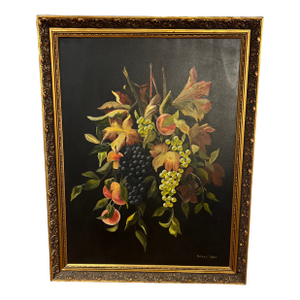 1960s Oil on Canvas Floral Still Life Fruits and Flowers Framed Signed by American Artist Katherin West