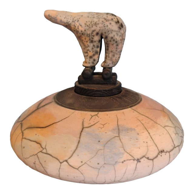 Kate and Will Jacobson Art Pottery Raku Vessel With Bear Sculpture For Sale