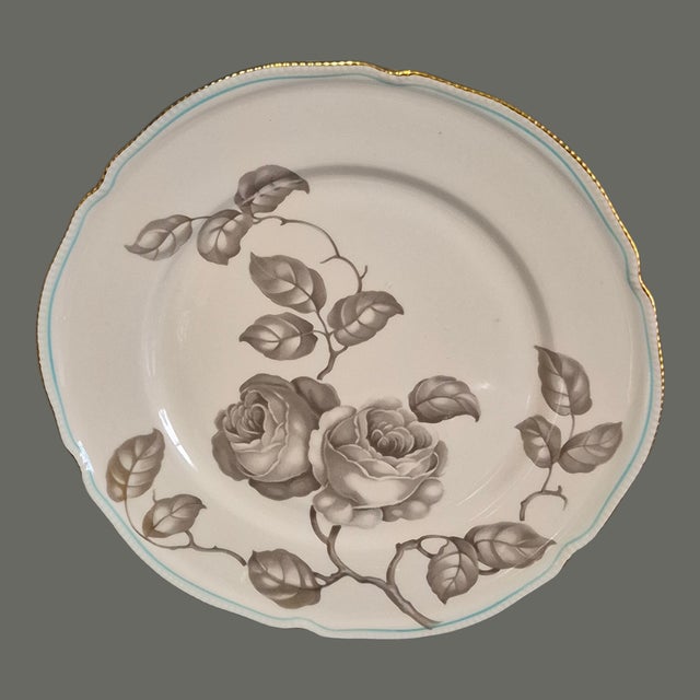 Castleton - USA Mid 20th Century Pair of Dinner Plates Castleton Gloria Porcelain Taupe Roses Blue Band 22Kt Gold Trim For Sale - Image 4 of 6