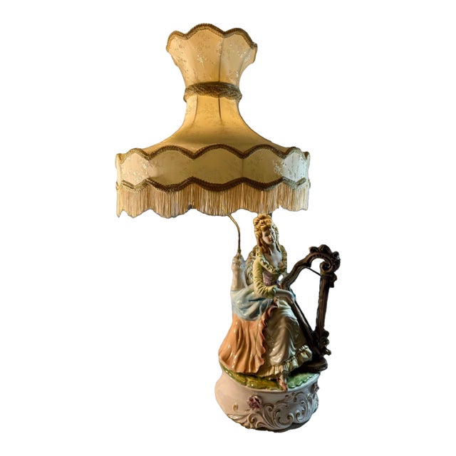 1940s Capodimonte Porcelain Table Lamp Lady Playing Harp 40 in Tall. For Sale