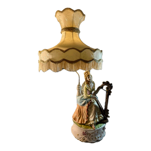1940s Capodimonte Porcelain Table Lamp Lady Playing Harp 40 in Tall.