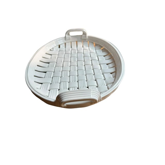 Farmhouse White Ceramic Basketweave Woven Tray For Sale - Image 3 of 11
