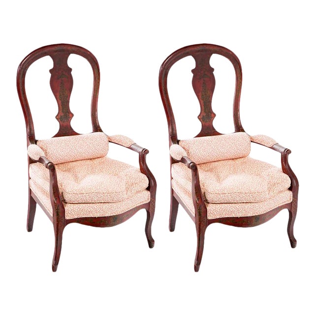 Circa 1860 Red Lacquered French Arm Chairs, a Pair For Sale