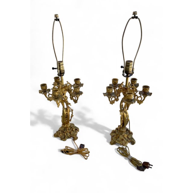 Rococo Early 20th Century French Louis XV La Belle Époque Ormolu Five Arm Candelabra Table Lamps - a Pair For Sale - Image 3 of 11