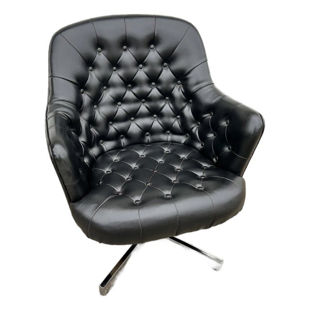 1950s Tufted Black Leather Swivel Chair for Davis Furniture For Sale