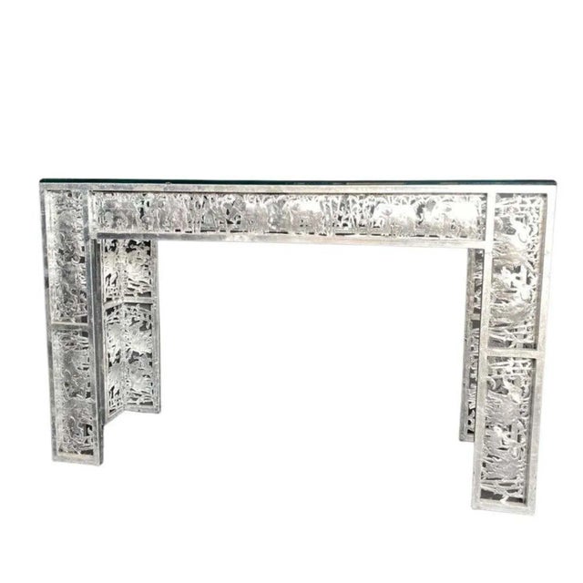 1950s Metal Silver Leaf Finish Console With Elephant Scenes in the Jungle For Sale - Image 9 of 9