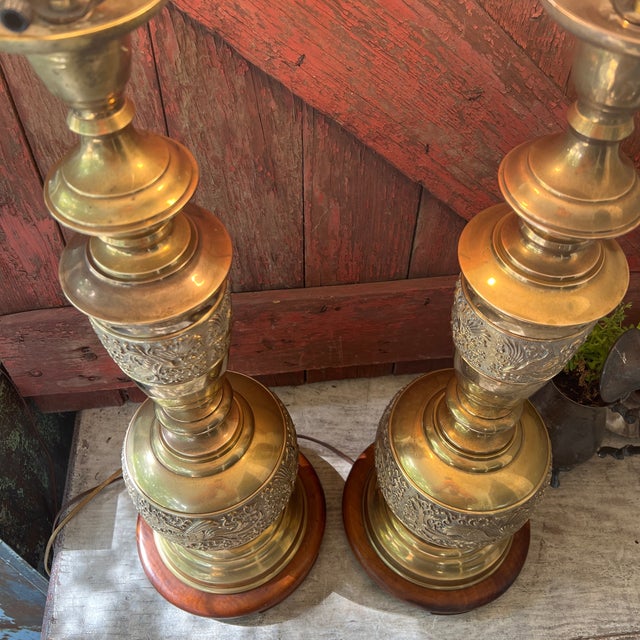 Vintage James Mont Style Brass Table Lamps With Wood Bases - Pair For Sale - Image 9 of 18