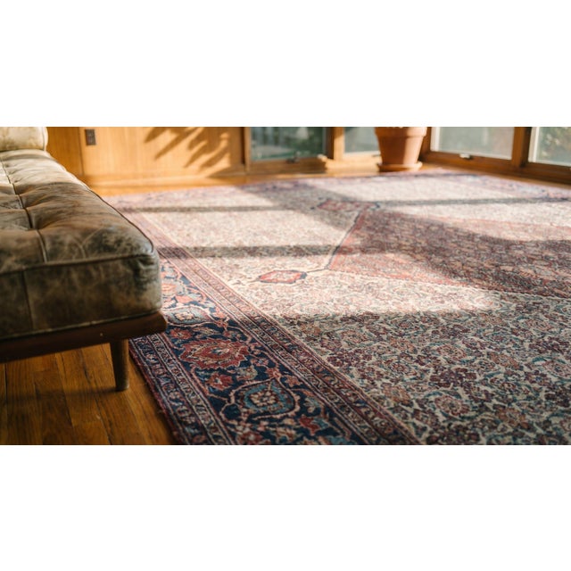 Late 19th Century 1890s Ivory Purple Medallion Antique Persian Mood Rug 9'2" X 11'9" Handknotted Wool Carpet For Sale - Image 5 of 7