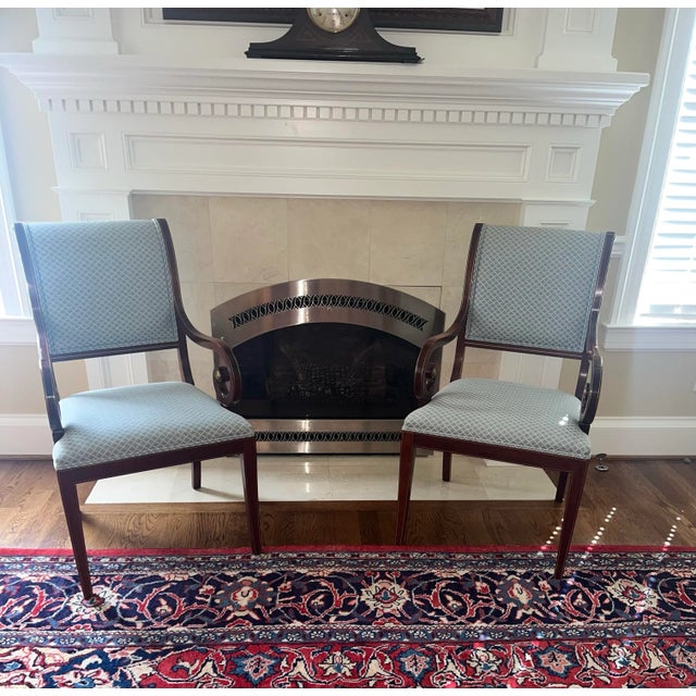 Cornflower Blue Arm Chairs Library Living Room Upholstered Kindel Sleigh Back Vintage For Sale - Image 8 of 8