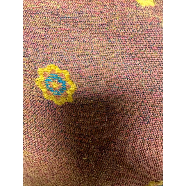 Set of 5 Down Filled Pillows Covered in Deep Red and Saffron Yellow Fabric and Pink, Green and Burgu For Sale - Image 10 of 11