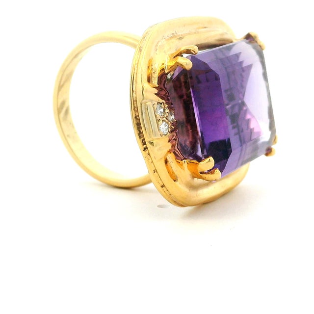 Italian 14k Gold Emerald-Cut Amethyst & Diamond Cocktail Ring, Circa 1980, Size 7.25 For Sale - Image 11 of 14
