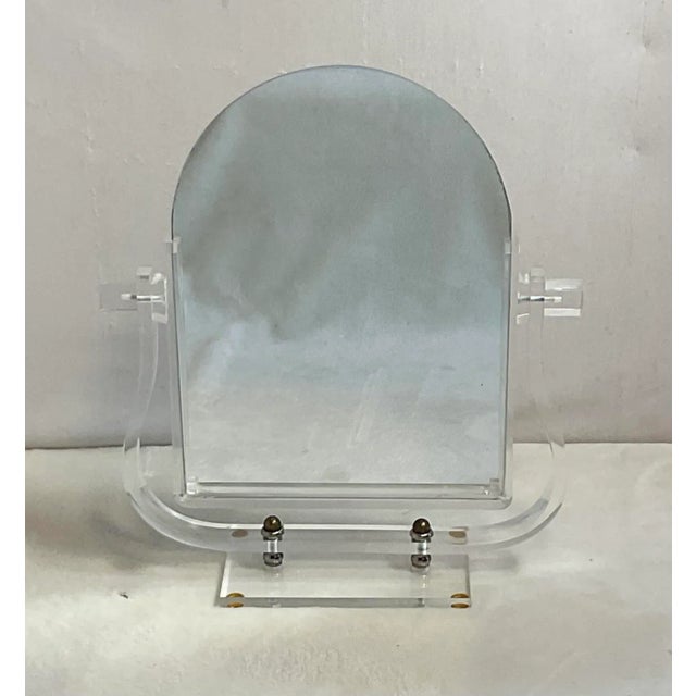 Art Deco vintage brass, chrome and Lucite/acrylic table top vanity mirror, Charles Hollis Jones style. One sided mirror,...