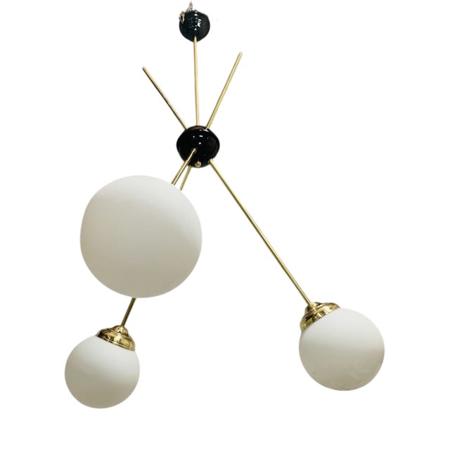 Mid-Century Chandelier in Brass and Satin Opal Glass, Italy, 1960s For Sale