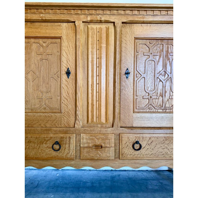Henning Kjaernulf 1970s Danish Oak Brutalist Carved Front Sideboard Attrb Henning Kjaernulf For Sale - Image 4 of 12