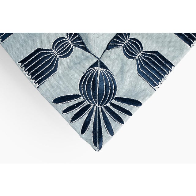 Transitional Tassel Embroidered Linen Pillow, Sky Blue & Navy, 24 "x 24", Pair For Sale - Image 3 of 11