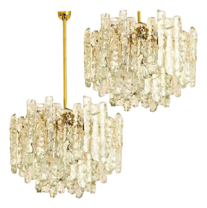 Modern Brass Two-Tiered Ice Glass Pendant Chandeliers attributed to J. T. Kalmar for Kalmar, 1970s, Set of 2