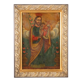 Geronimo Leon, Saint Joseph With the Christ Child, Oil on Tin, 19th Century For Sale