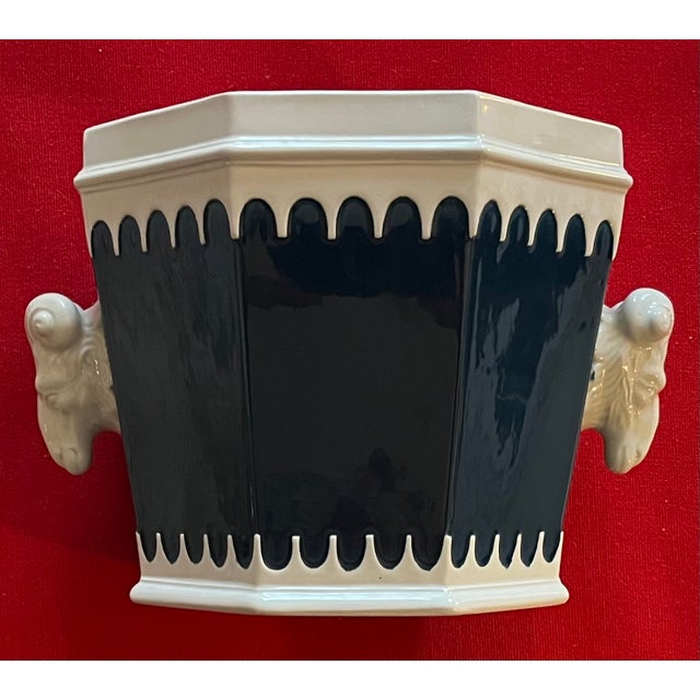 Italian Mancioli Mid-Century Modern Ceramic Cachepot Planter With Ram's Head Handles For Sale - Image 4 of 13