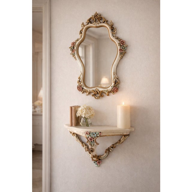 Vintage Baroque Floral Ornate Wall Mirror with Console Shelf, 1970s, Set of 2 For Sale - Image 14 of 14
