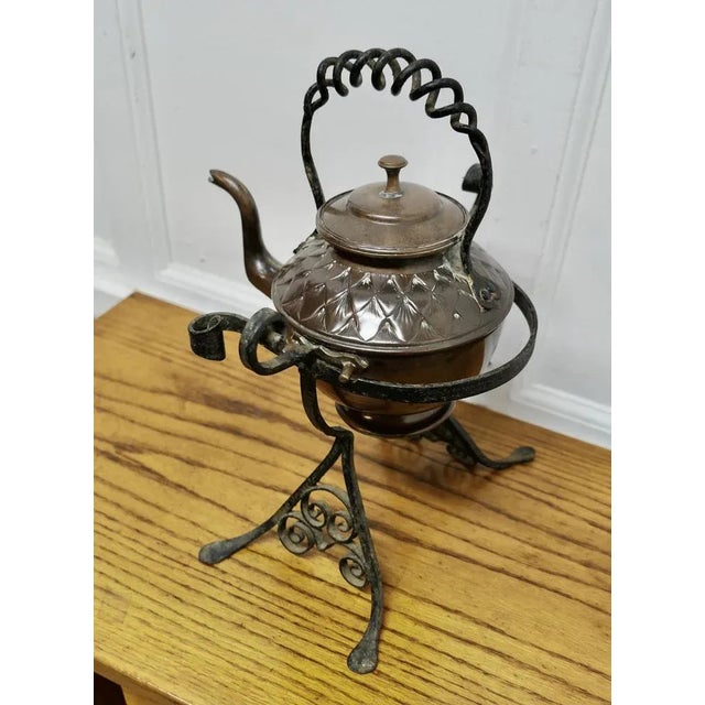 Antique Copper Kettle on Wrought Iron Stand For Sale - Image 4 of 8