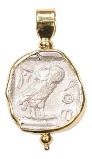 Antique Owl & Athena Silver Tetradrachm with 18k Gold