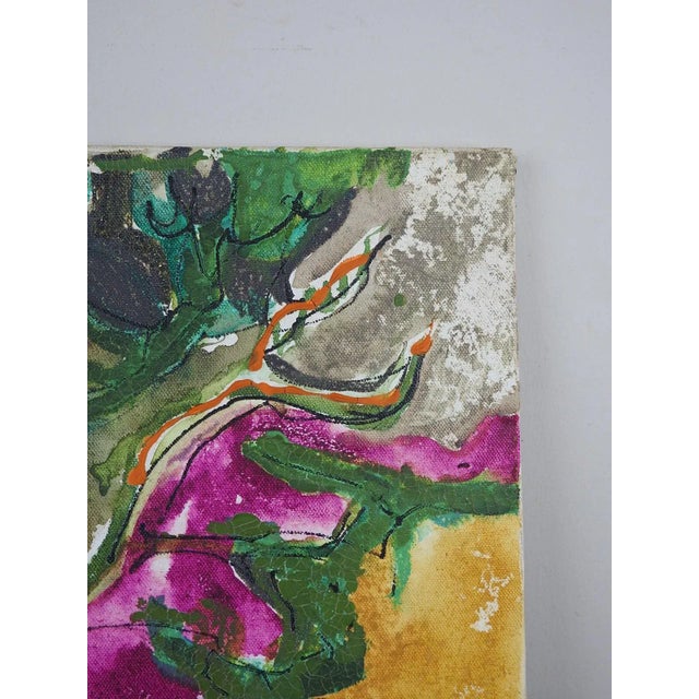 Vintage mid 20th century oil on canvas abstract still life painting with violet flowers and terracotta pot. Unsigned....