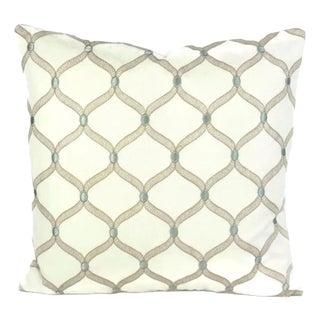 Stout Ferry in Opal Pillow Cover - Cream With Tan and Blue Embroidered Trellis Cushion Case For Sale
