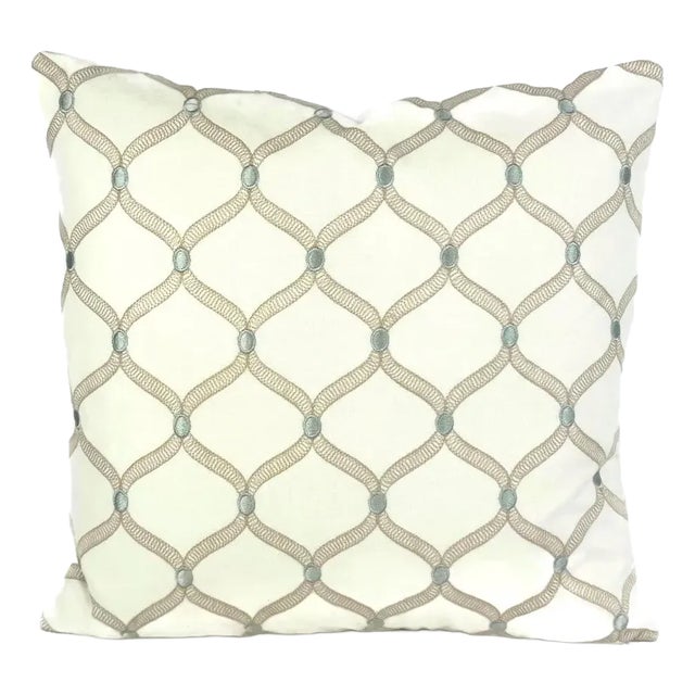 Stout Ferry in Opal Pillow Cover - Cream With Tan and Blue Embroidered Trellis Cushion Case For Sale