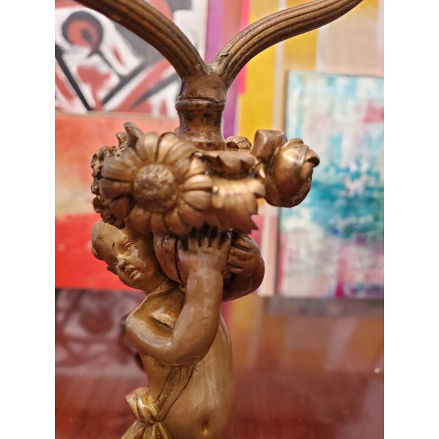 Antique French Cherub Putti Angel Bronze Onyx Gilt Lamp For Sale - Image 4 of 5