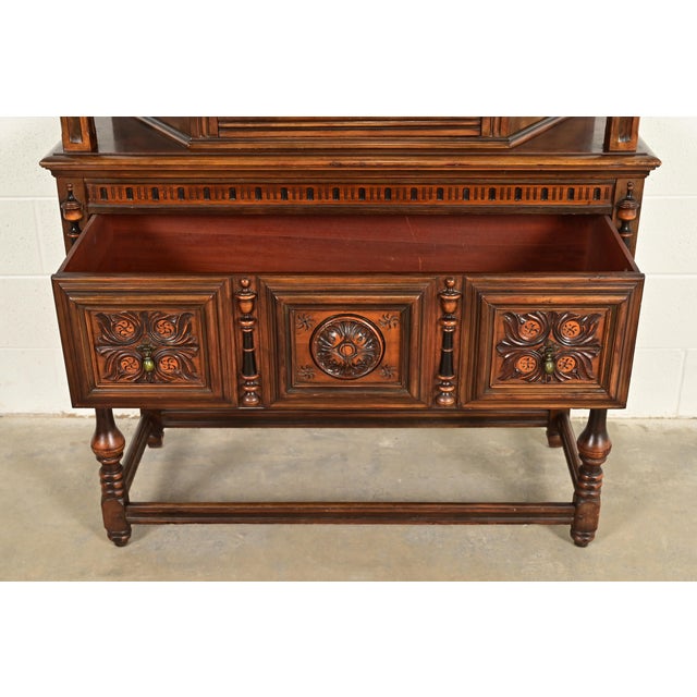 Wood Berkey & Gay Antique English Tudor Carved Walnut and Burl Wood Bookcase or Bar Cabinet, Circa 1920s For Sale - Image 7 of 17
