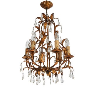 Italian Hollywood Regency Gold Leaf Tôle Chandelier with Crystals, 1950s For Sale