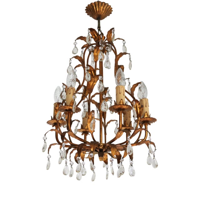 Italian Hollywood Regency Gold Leaf Tôle Chandelier with Crystals, 1950s For Sale