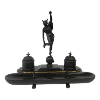 19th Century Victorian Bronze & Marble Figural Inkwell For Sale