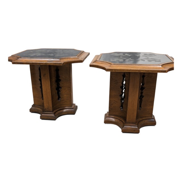 Pair of Mid-Century Octagonal Side Tables Attributed to Drexel Esperanto | Etched Slate Tops | 1960s For Sale