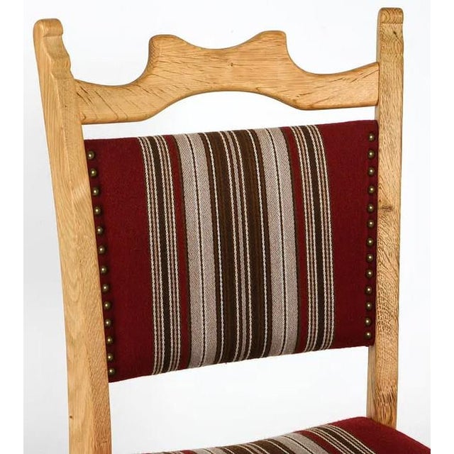 Henning Kjaernulf 1960s Set 8 Danish Mid Century Dining Chairs Carved Oak & Striped Upholstery For Sale - Image 4 of 9