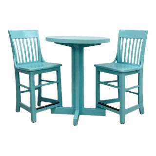 Vintage Bistro Set Turquoise Blue Counter Height Table Two Chairs Outdoor/Indoor For Sale